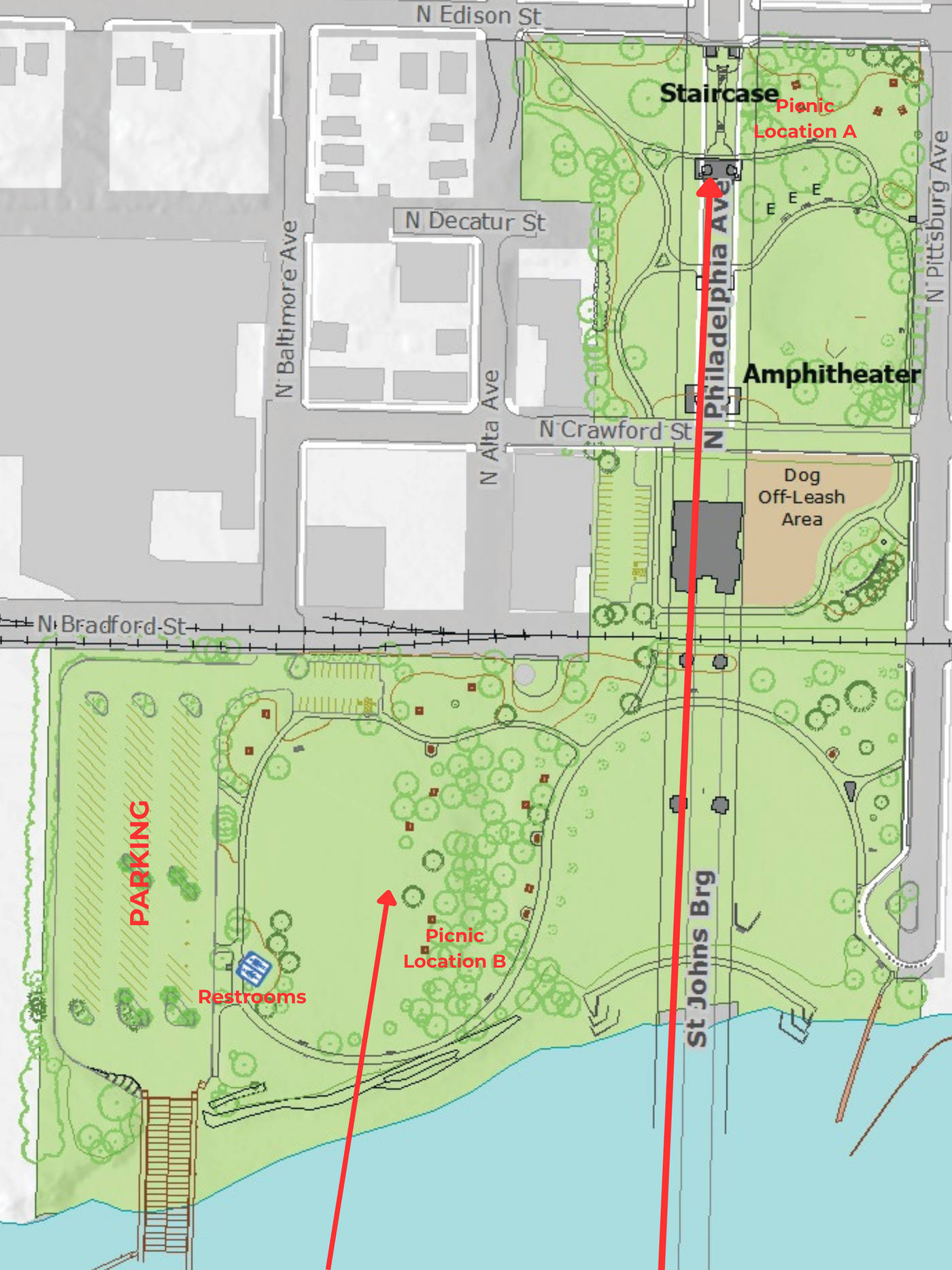 Map of Cathedral Park showing the staircase ceremony location beneath the St. Johns Bridge, the park lawn ceremony location, both picnic reception areas, restrooms and parking