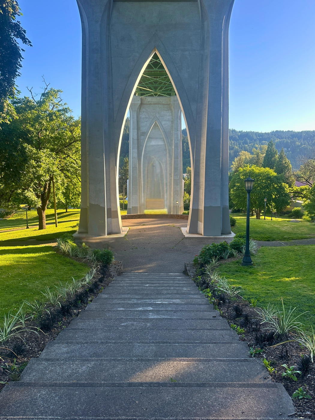 The Cathedral Park staircase leading up to the gothic arch beneath the St. Johns Bridge